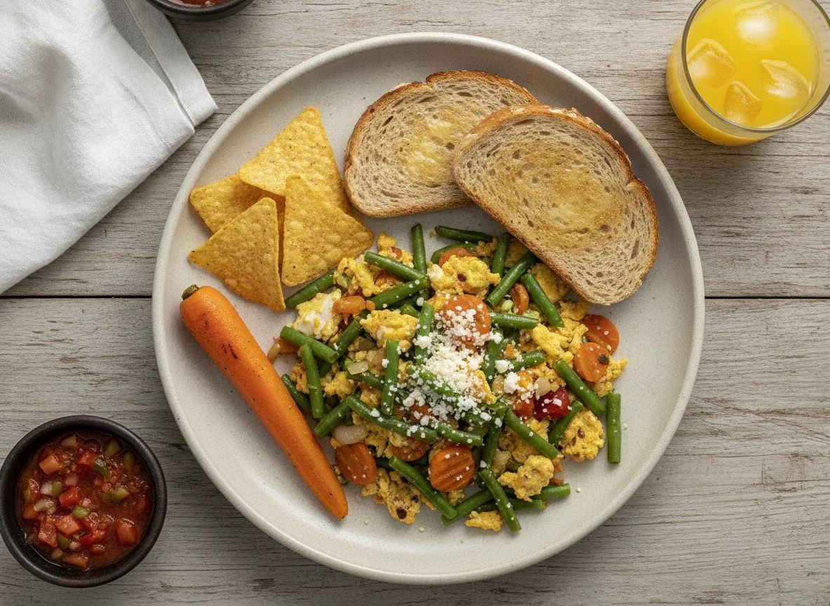 Desayuno típico con huevos revueltos y vegetales photo