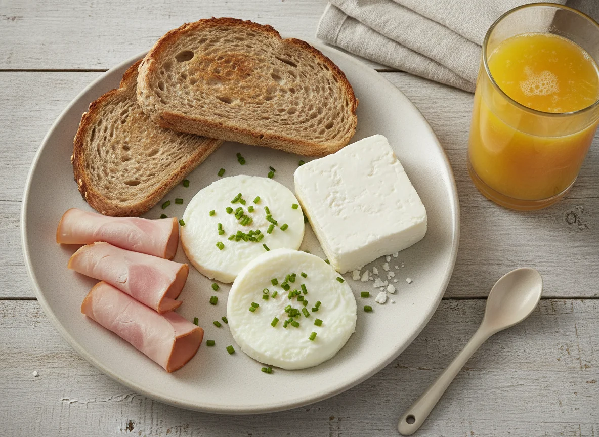 Desayuno típico con pan, jamón, huevo y jugo photo