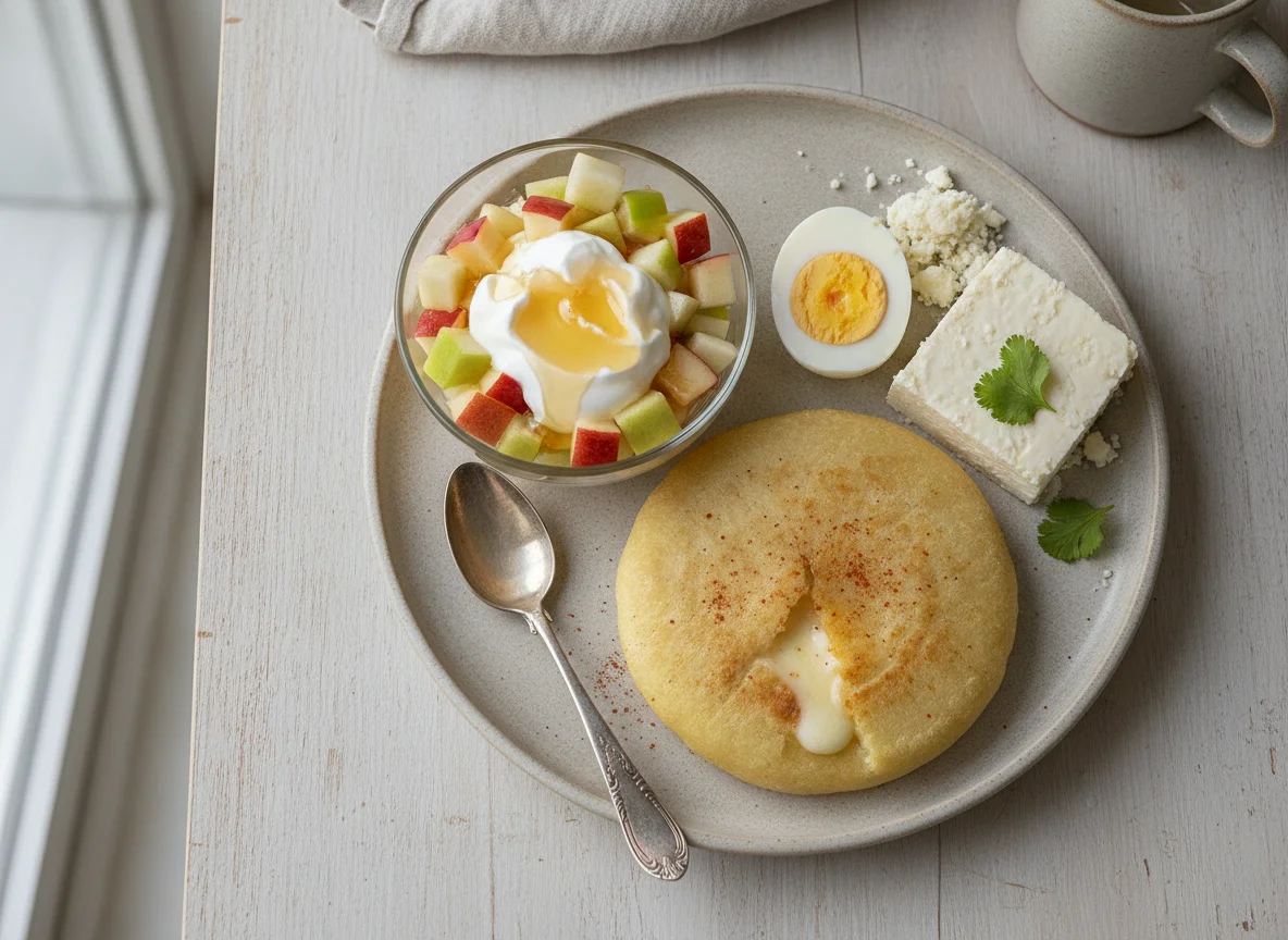 Desayuno típico con pupusa, huevo y ensalada de frutas photo