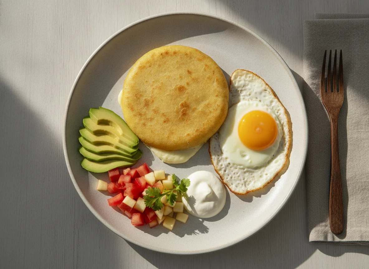 Desayuno típico con pupusa, huevo y fruta photo
