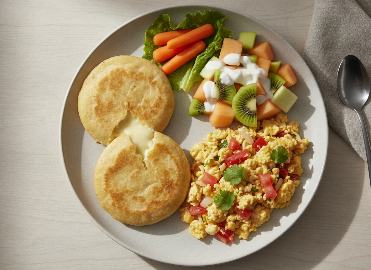 Desayuno típico con pupusa, huevos picados y ensalada de frutas photo