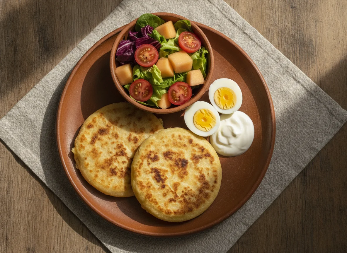 Desayuno típico con pupusa, huevos y ensalada de frutas photo
