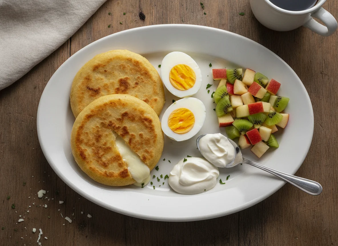 Desayuno típico con pupusa, huevos y fruta photo
