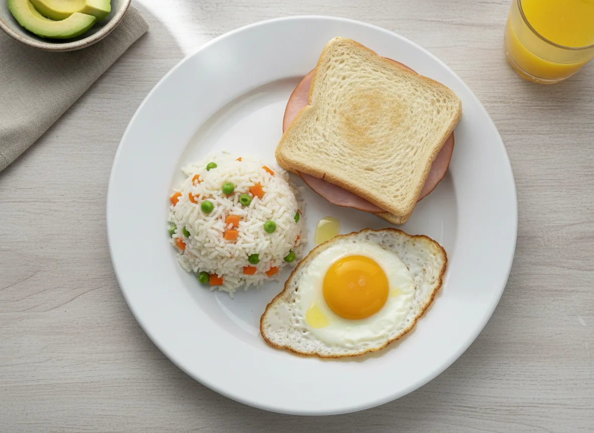 Desayuno típico con sándwich, huevo y arroz photo