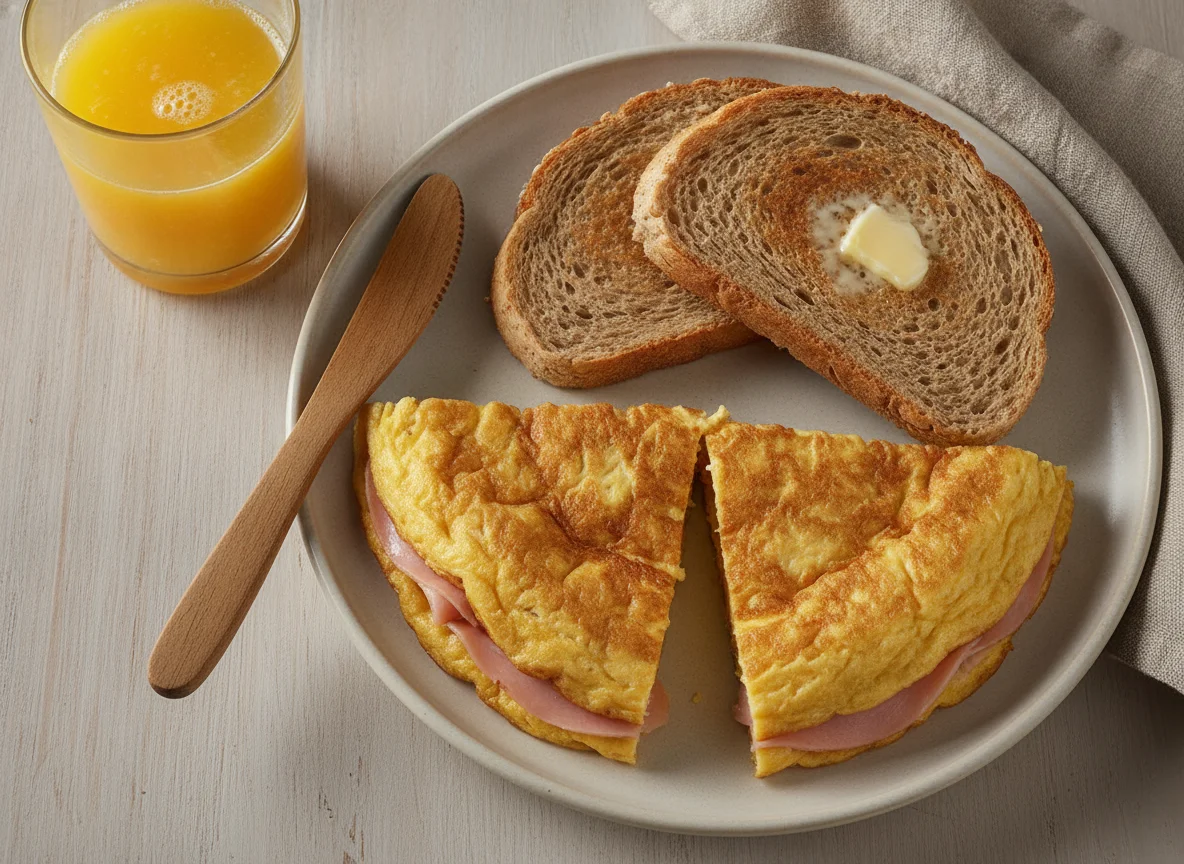 Desayuno típico con tortilla de huevo, jamón, pan tostado y jugo de naranja photo