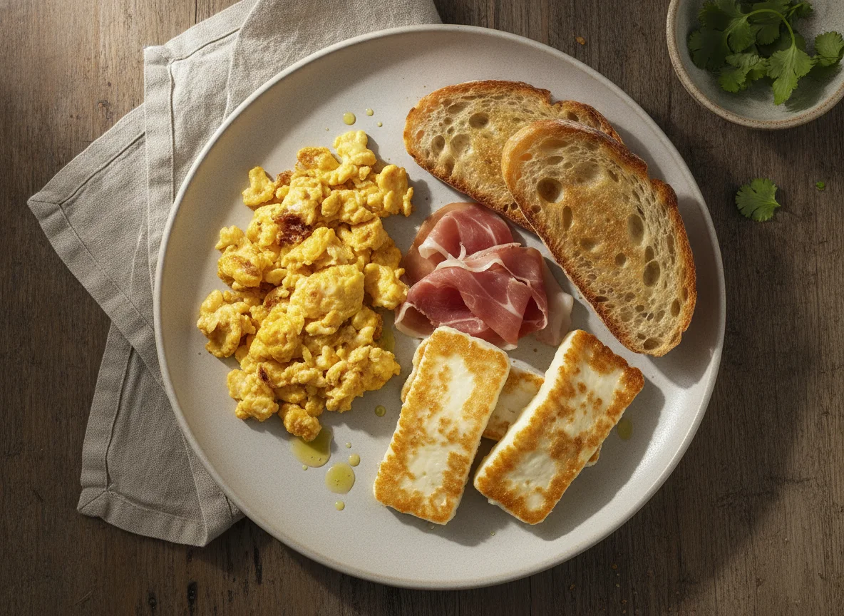 Desayuno típico con tortilla de huevo, queso prensado y pan tostado photo