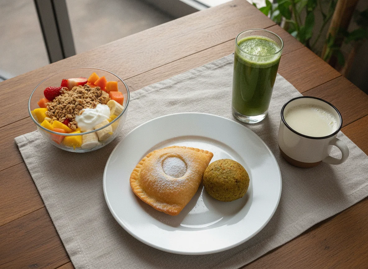Desayuno típico ecuatoriano con empanadas, fruta y bebidas photo