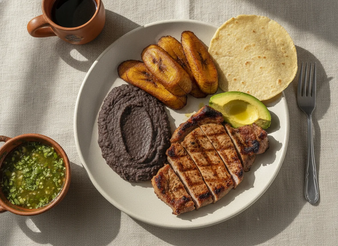 Desayuno típico guatemalteco con carne y frijoles photo