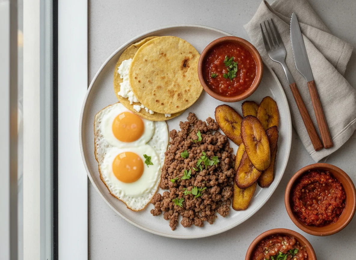 Desayuno típico guatemalteco con huevos, carne molida y tortillas photo