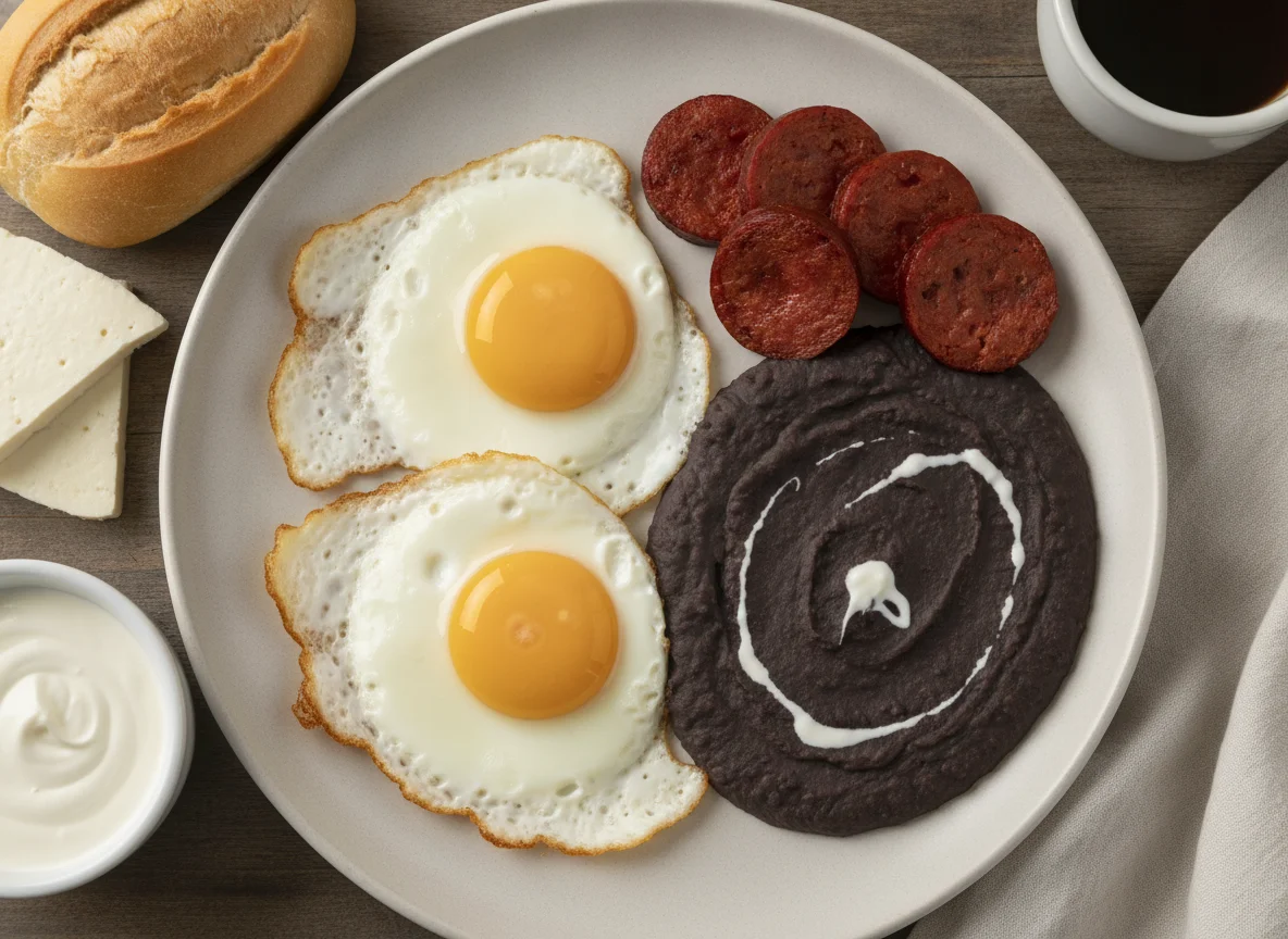 Desayuno típico guatemalteco con huevos, frijoles y chorizo photo