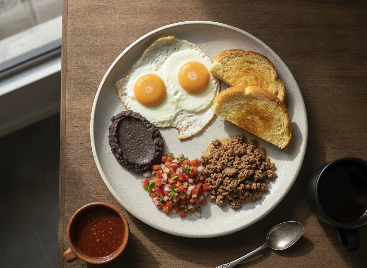 Desayuno típico guatemalteco con huevos, frijoles y pan photo