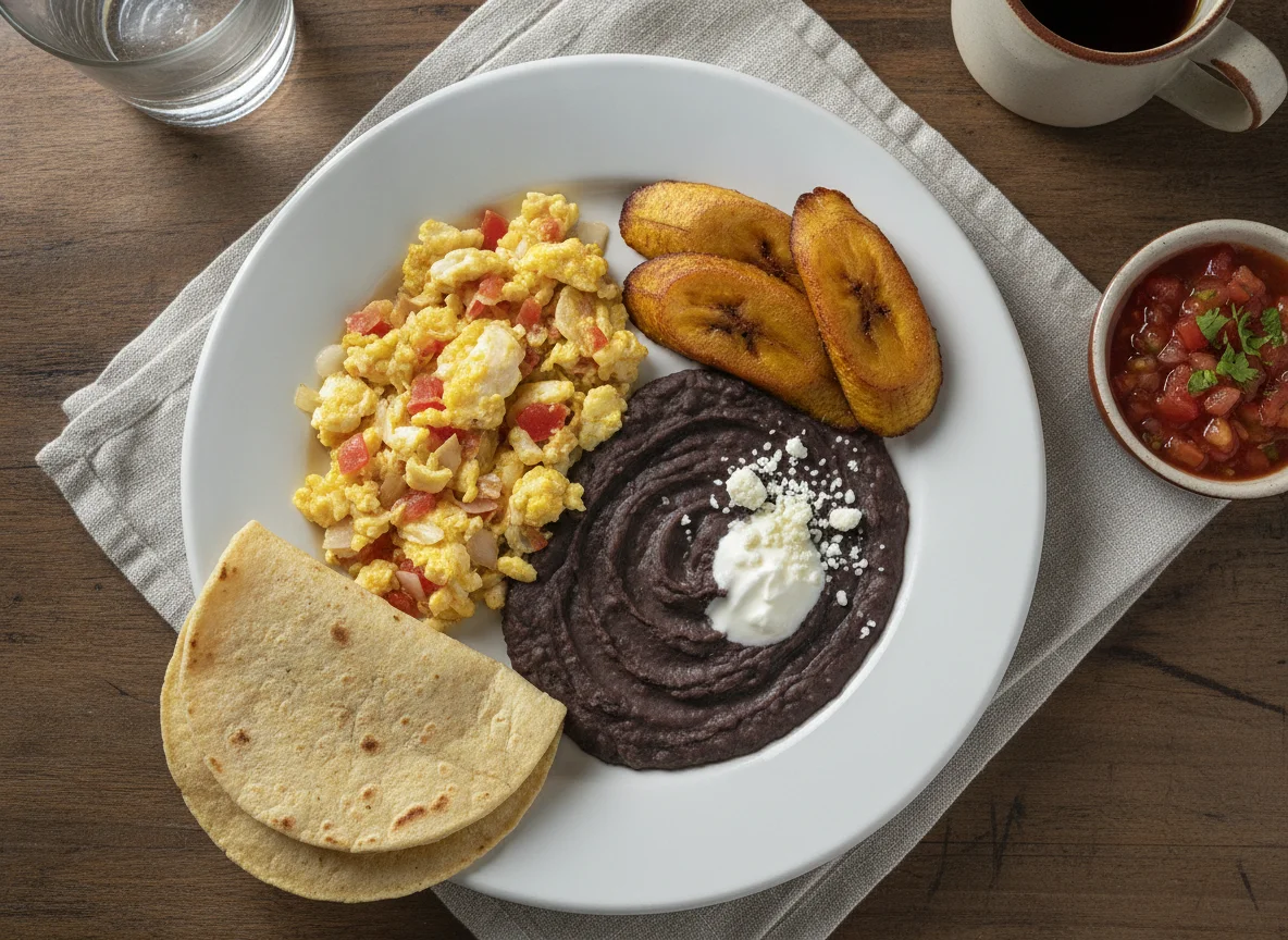 Desayuno típico guatemalteco con huevos, frijoles y plátanos photo