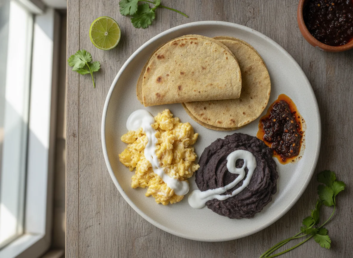 Desayuno típico guatemalteco con huevos, frijoles y tortilla photo