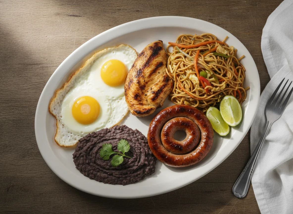 Desayuno típico guatemalteco con huevos, pollo y acompañamientos photo