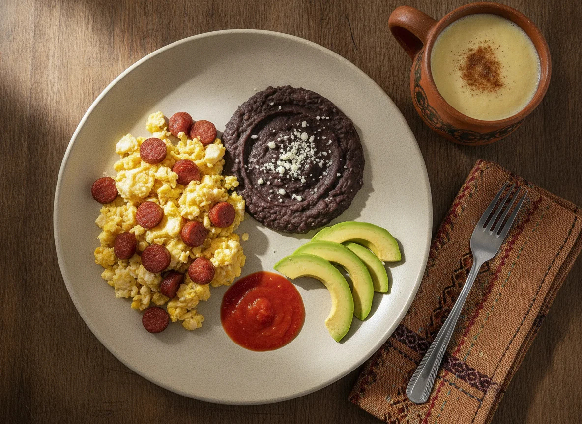 Desayuno típico guatemalteco con huevos revueltos, frijoles, aguacate y atol photo