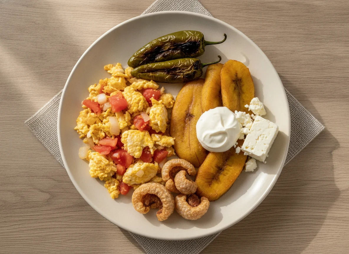 Desayuno típico guatemalteco con huevos revueltos y plátano photo