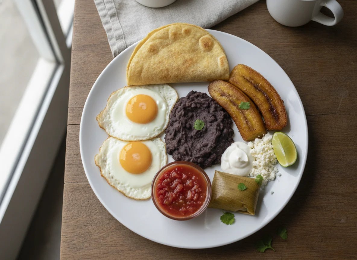 Desayuno típico guatemalteco con huevos y plátanos photo