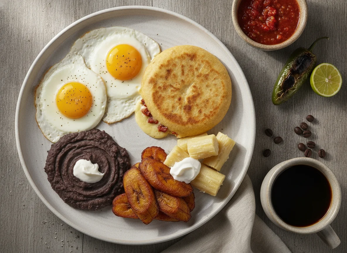 Desayuno típico guatemalteco con huevos y pupusa photo