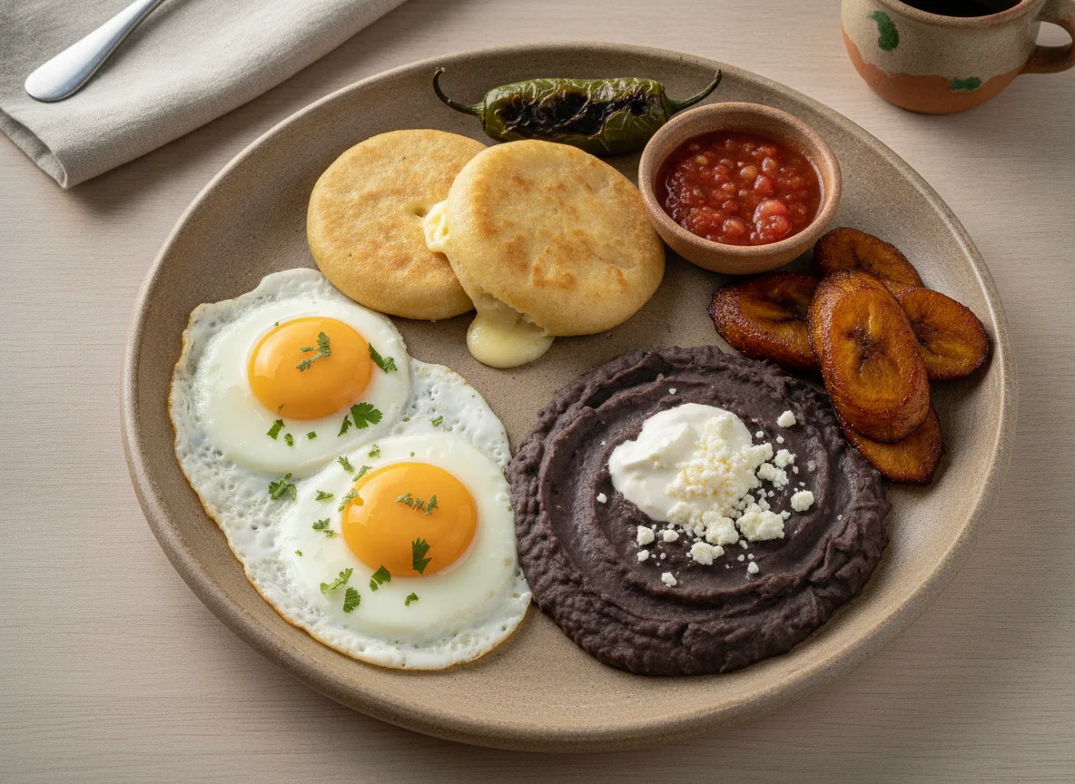 Desayuno típico guatemalteco con huevos y pupusas photo