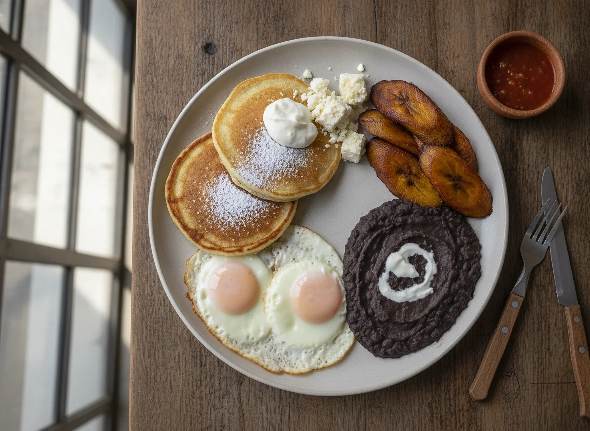 Desayuno típico guatemalteco con panqueques photo
