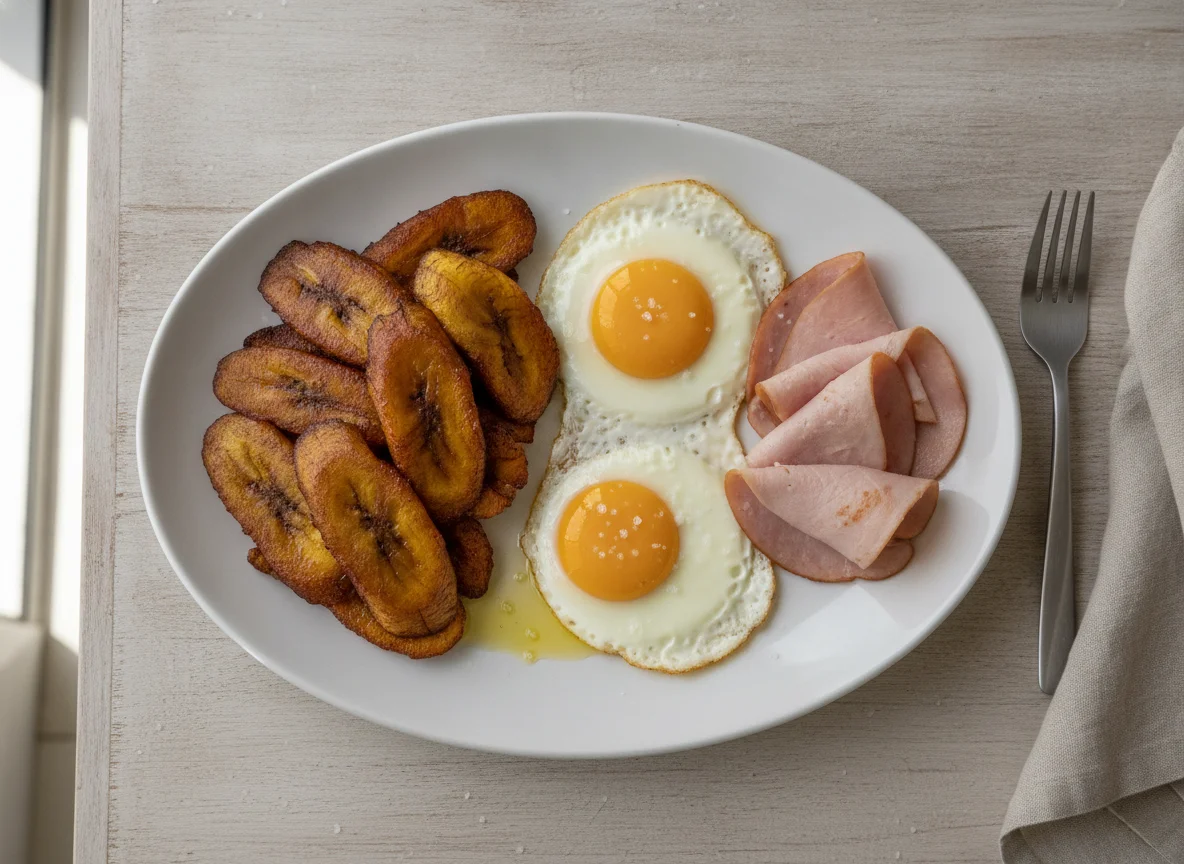 Desayuno típico guatemalteco con plátano cocido, huevo y jamón photo