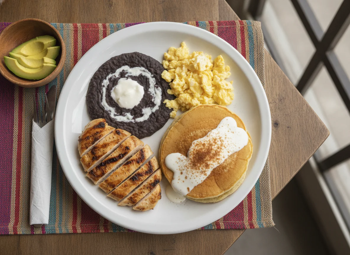 Desayuno típico guatemalteco con pollo y panqueques photo