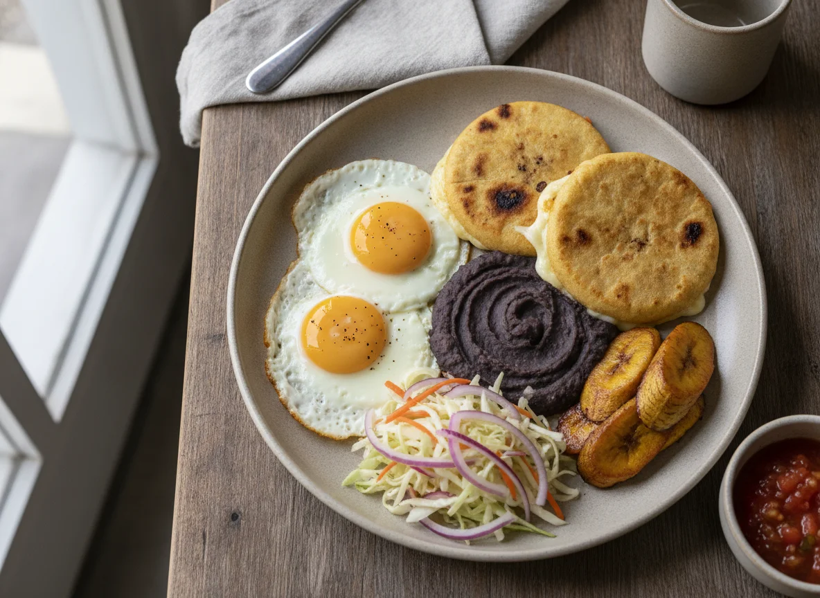 Desayuno típico guatemalteco con pupusas y huevos photo