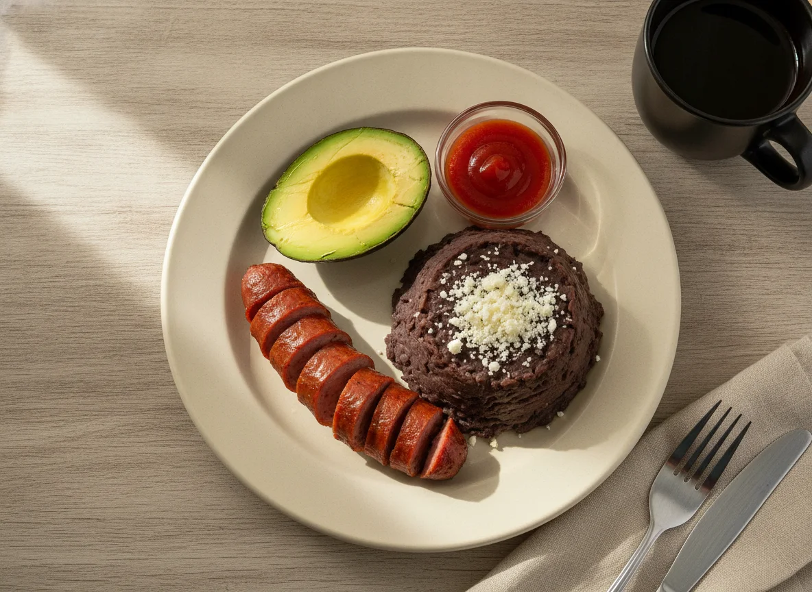 Desayuno típico guatemalteco con salchicha y frijoles photo