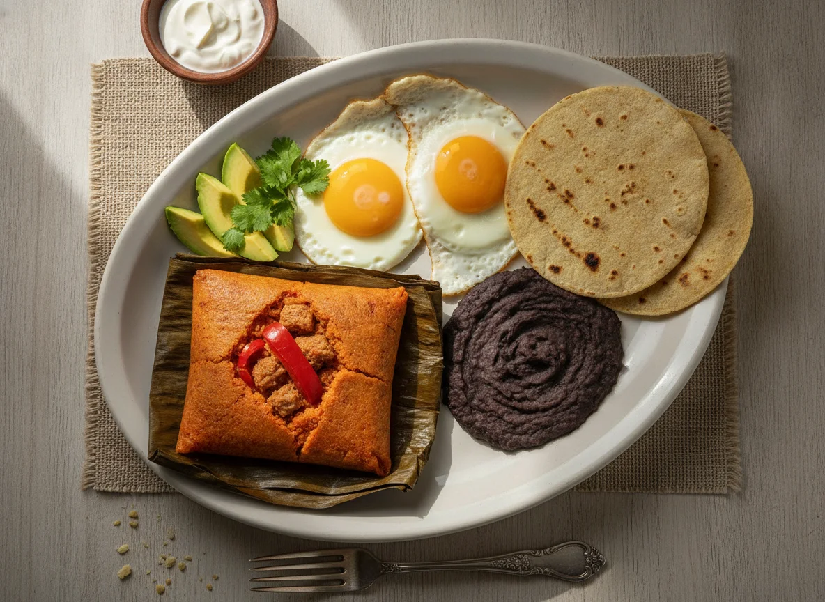 Desayuno típico guatemalteco con tamal, huevos y frijoles photo