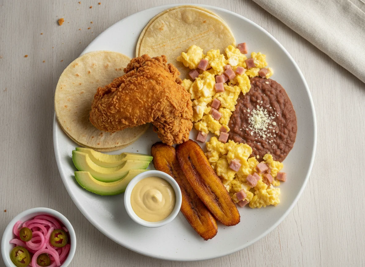 Desayuno típico hondureño con pollo frito photo