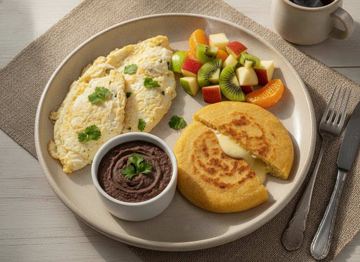 Desayuno típico salvadoreño con claras de huevo, pupusa y fruta photo