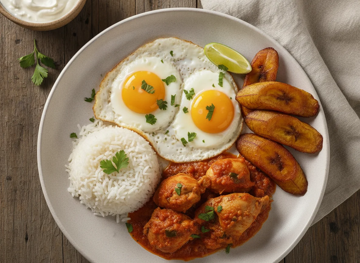 Desayuno típico salvadoreño con huevo, arroz, plátano frito y pollo photo