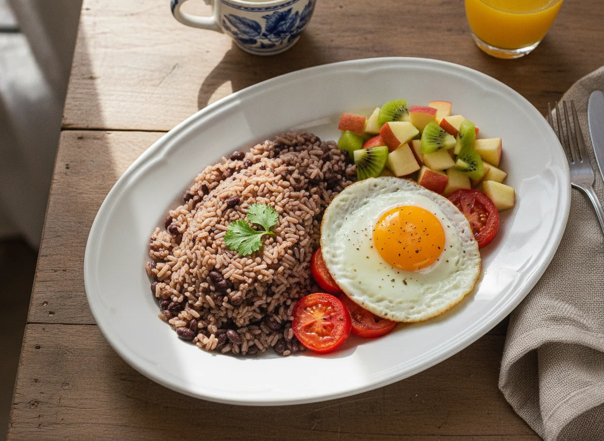 Desayuno típico salvadoreño con huevo, casamiento y fruta photo