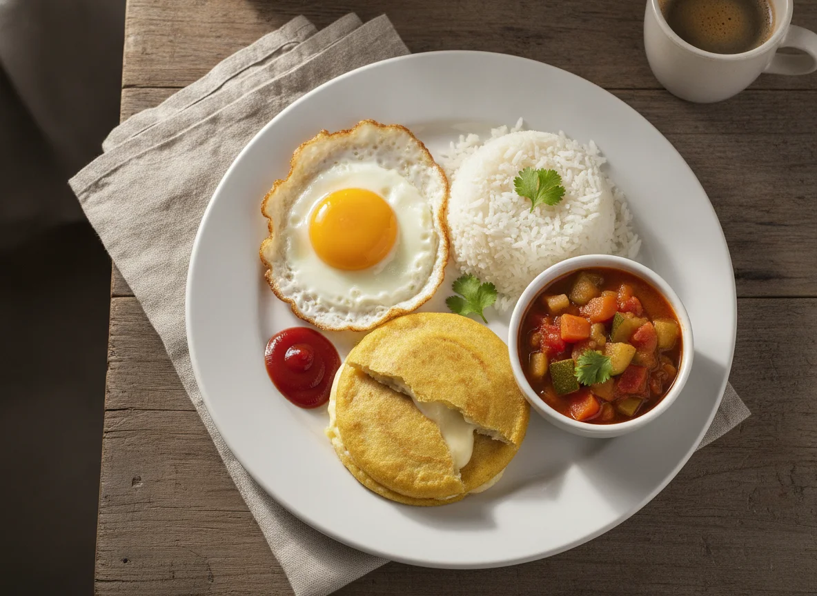 Desayuno típico salvadoreño con huevo frito, arroz, pupusa y guiso photo
