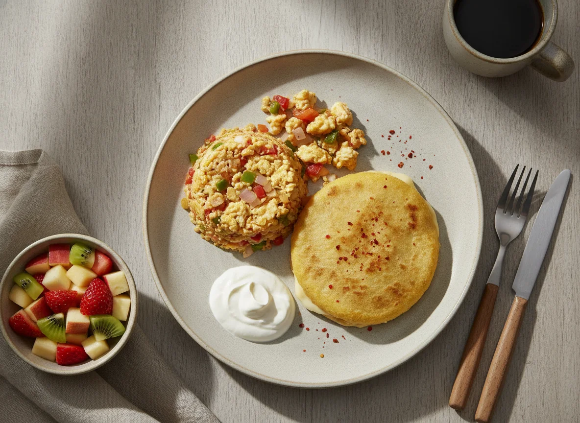 Desayuno típico salvadoreño con huevos picados, pupusa y ensalada de frutas photo