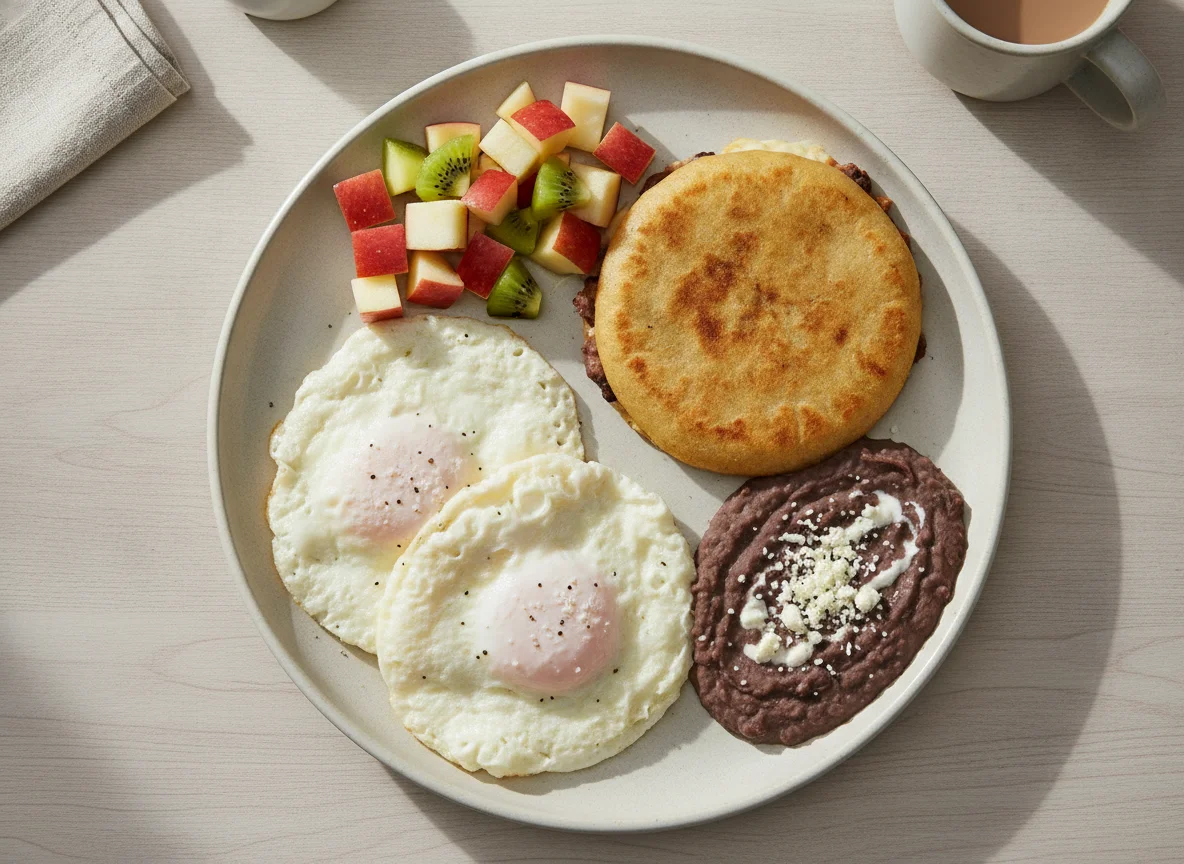 Desayuno típico salvadoreño con huevos, pupusa y fruta photo