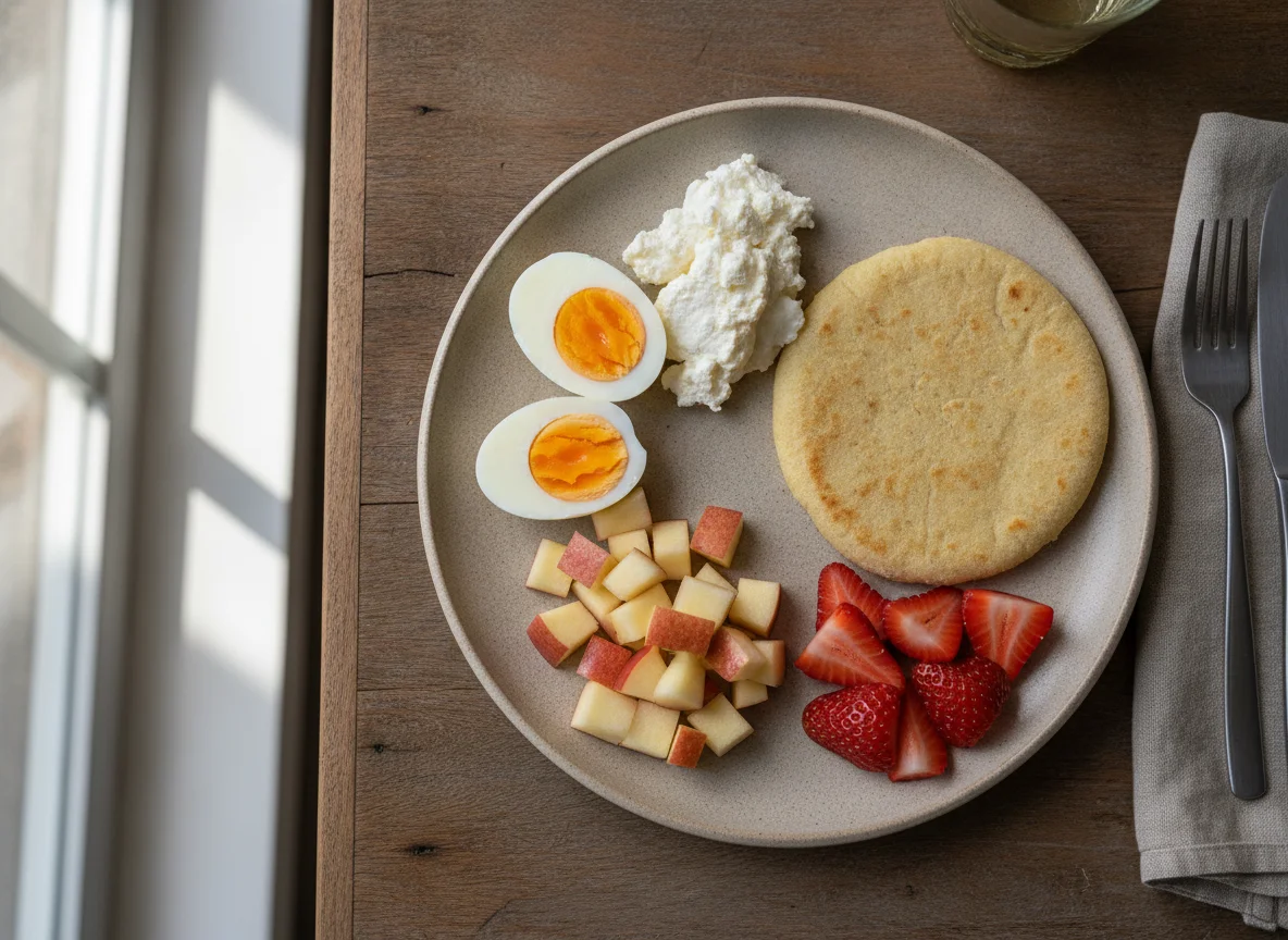 Desayuno típico salvadoreño con huevos, requesón, pupusa y fruta photo