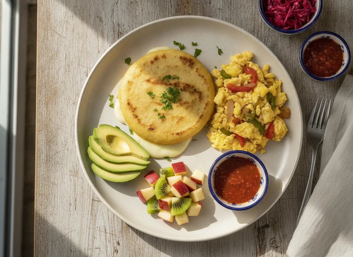 Desayuno típico salvadoreño con pupusa de queso, huevos picados y fruta photo