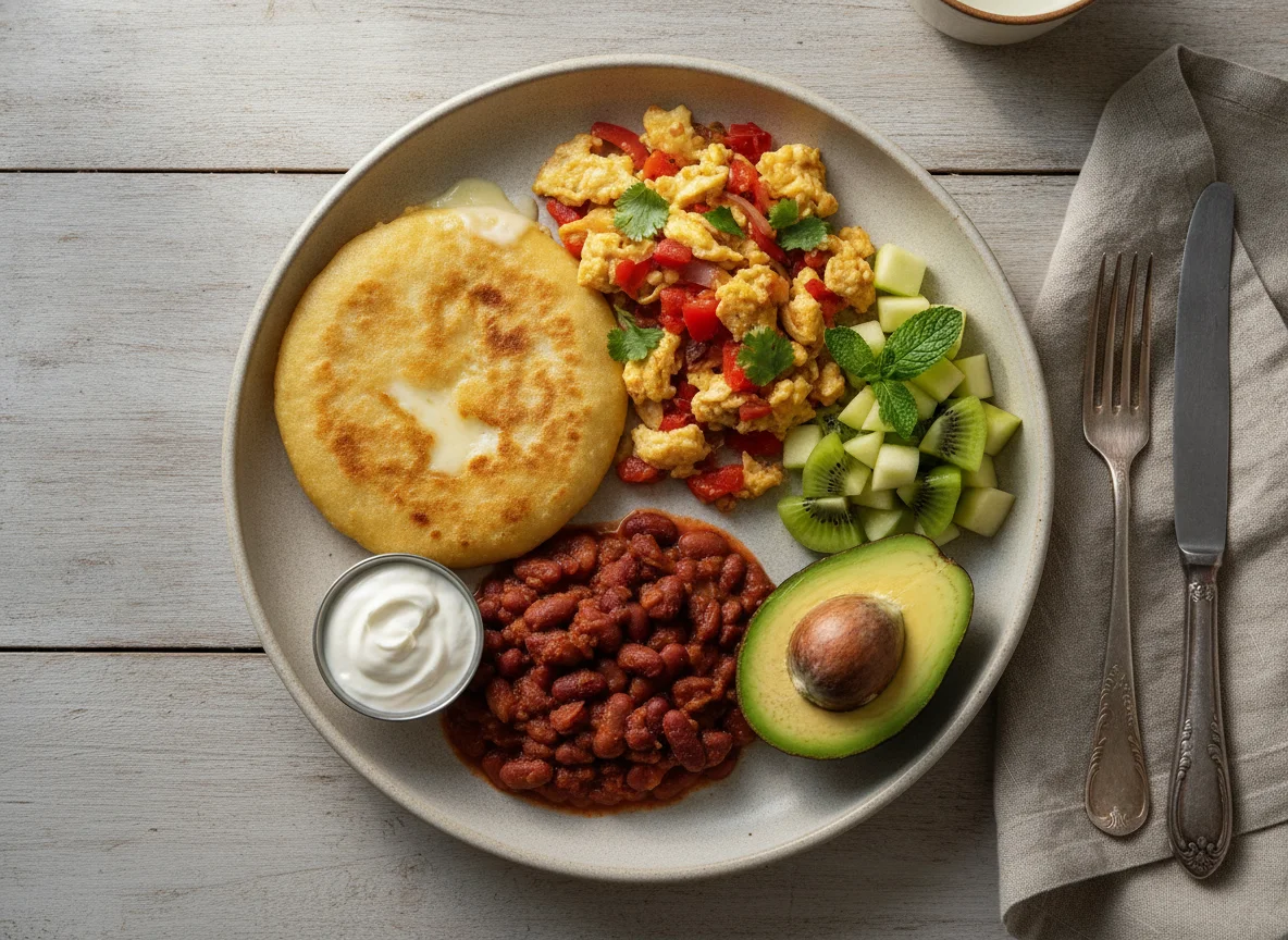 Desayuno típico salvadoreño con pupusa, frijoles, aguacate y fruta photo