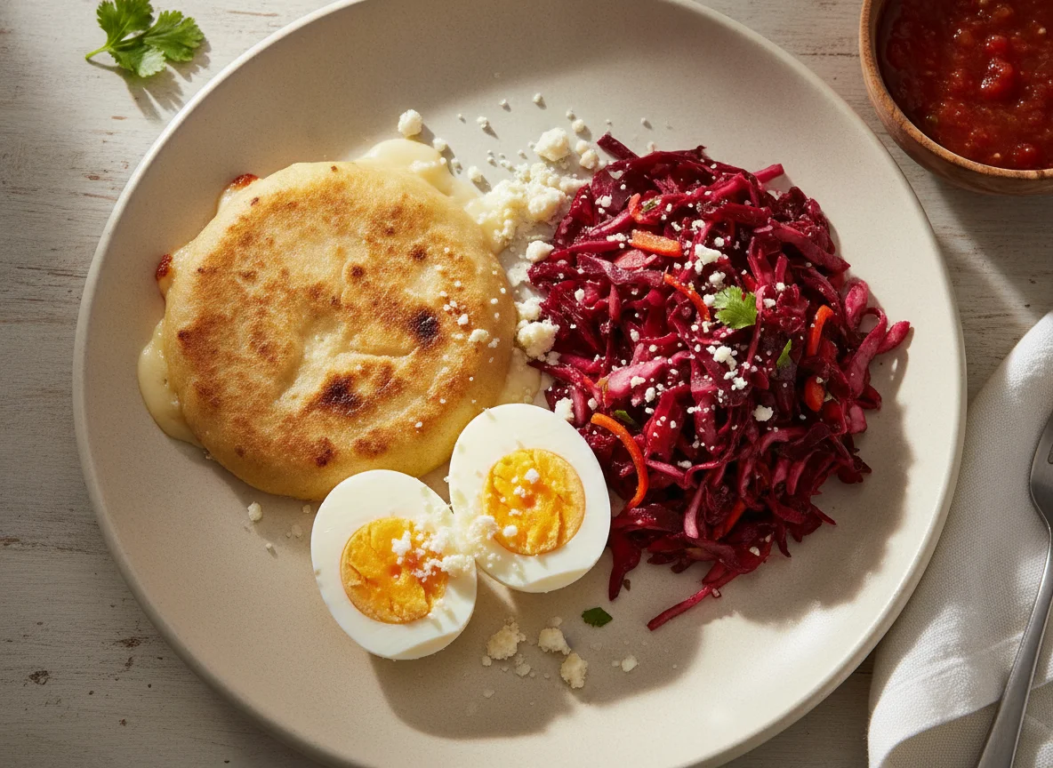Desayuno típico salvadoreño con pupusa, huevos y curtido photo