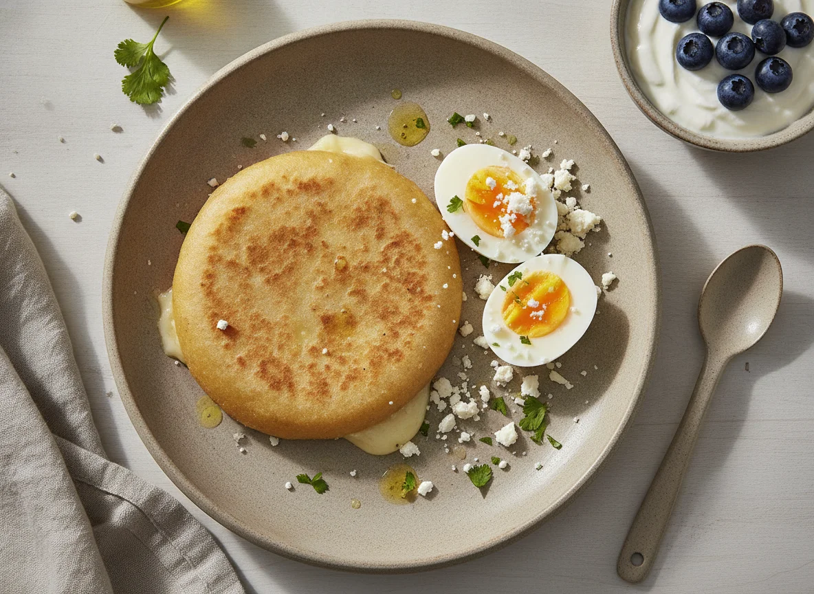 Desayuno típico salvadoreño con pupusa, huevos y yogur photo