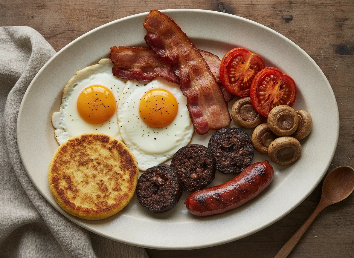 Desayuno tipo inglés con huevos y embutidos photo