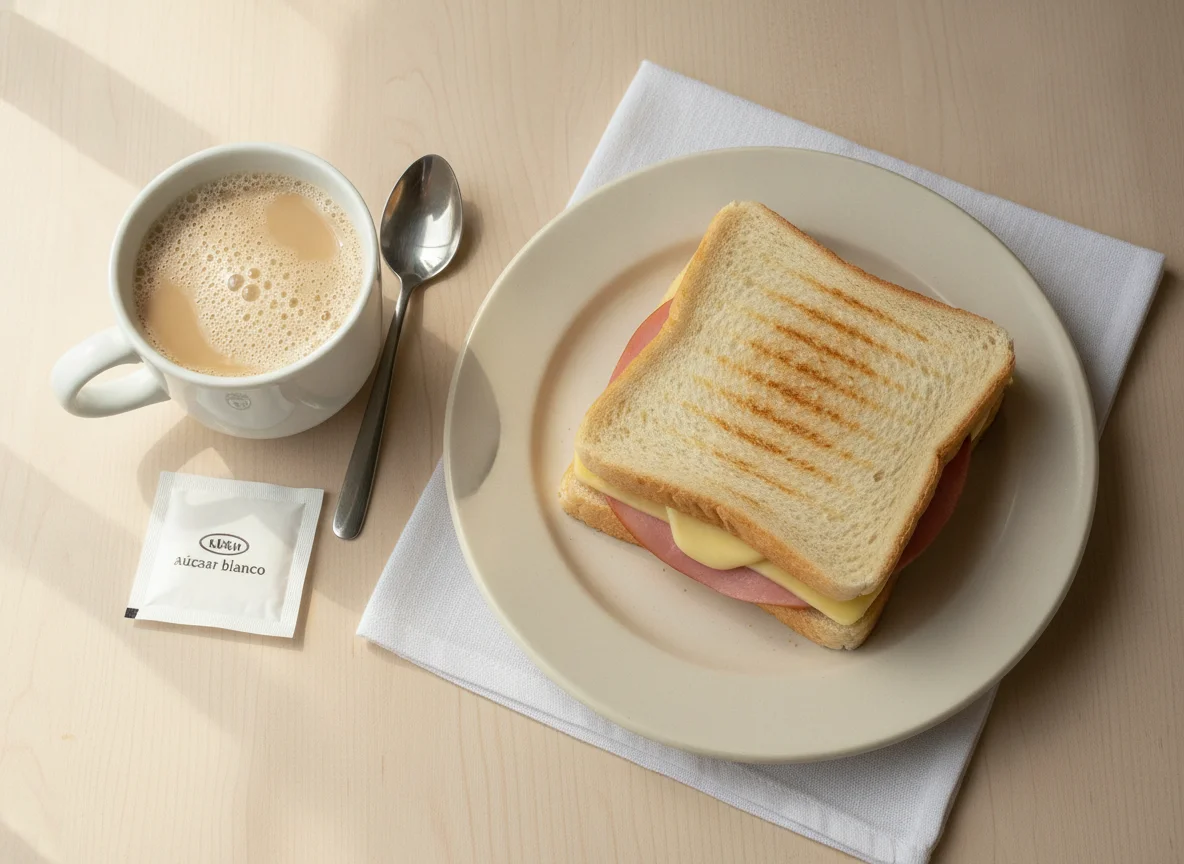 Desayuno uruguayo: Café con leche y sándwich caliente photo