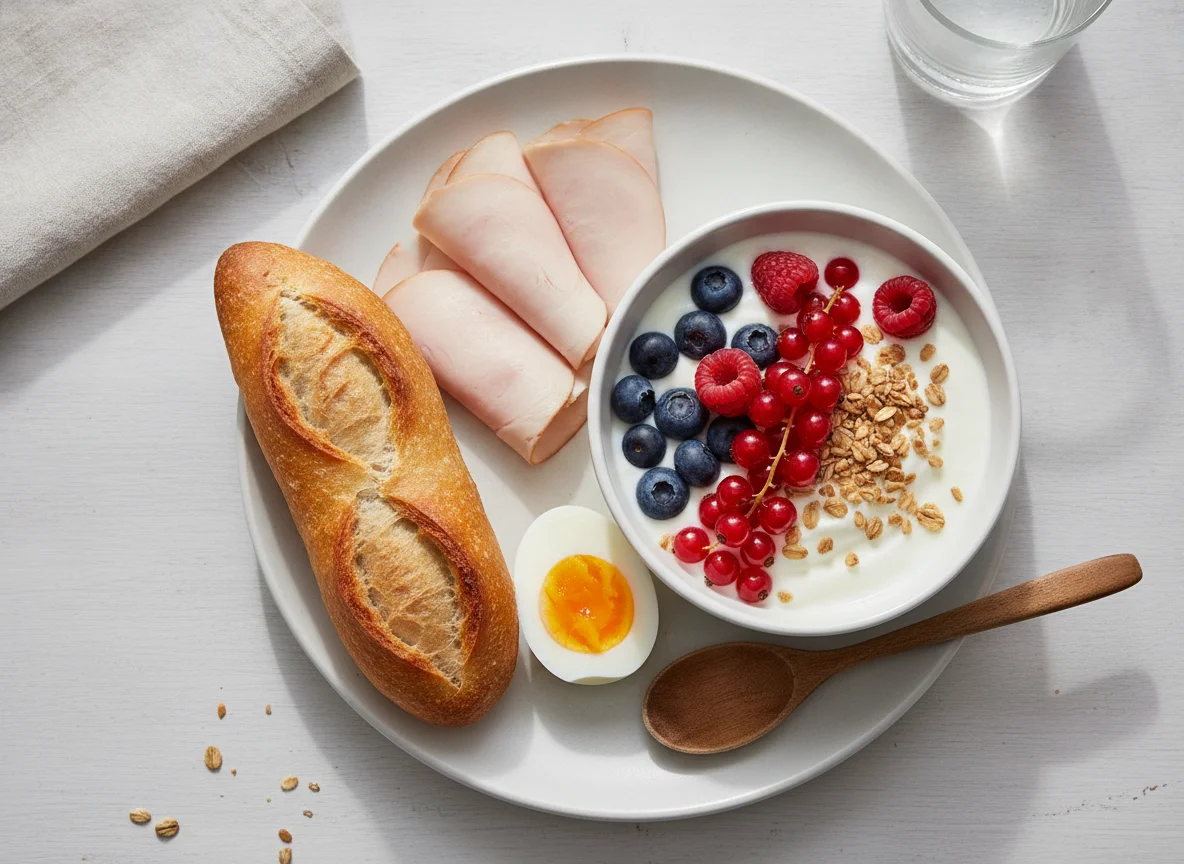 Desayuno variado con baguette, pavo, huevo, yogur y frutos rojos photo