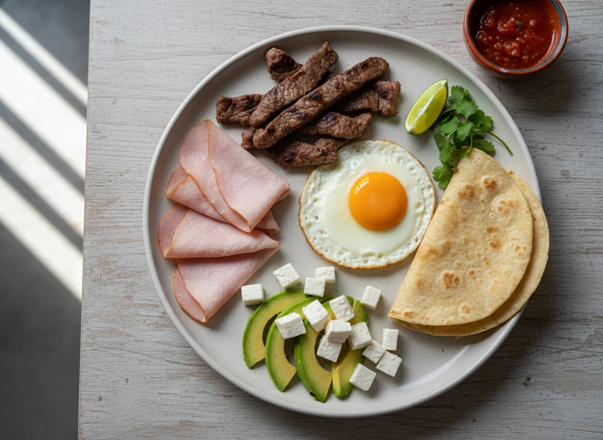 Desayuno variado con carne y huevo photo