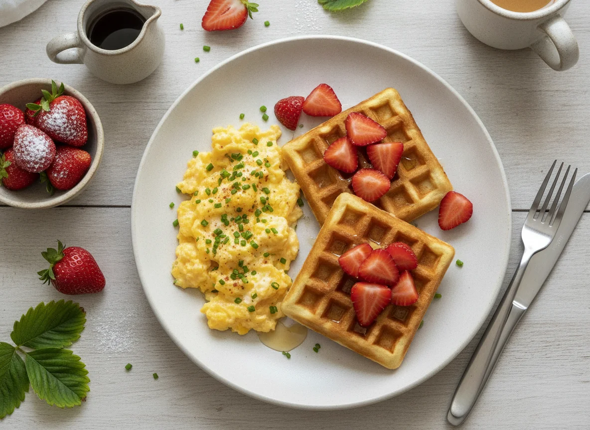 Desayuno variado con fresas, huevos revueltos y waffles/panqueques photo