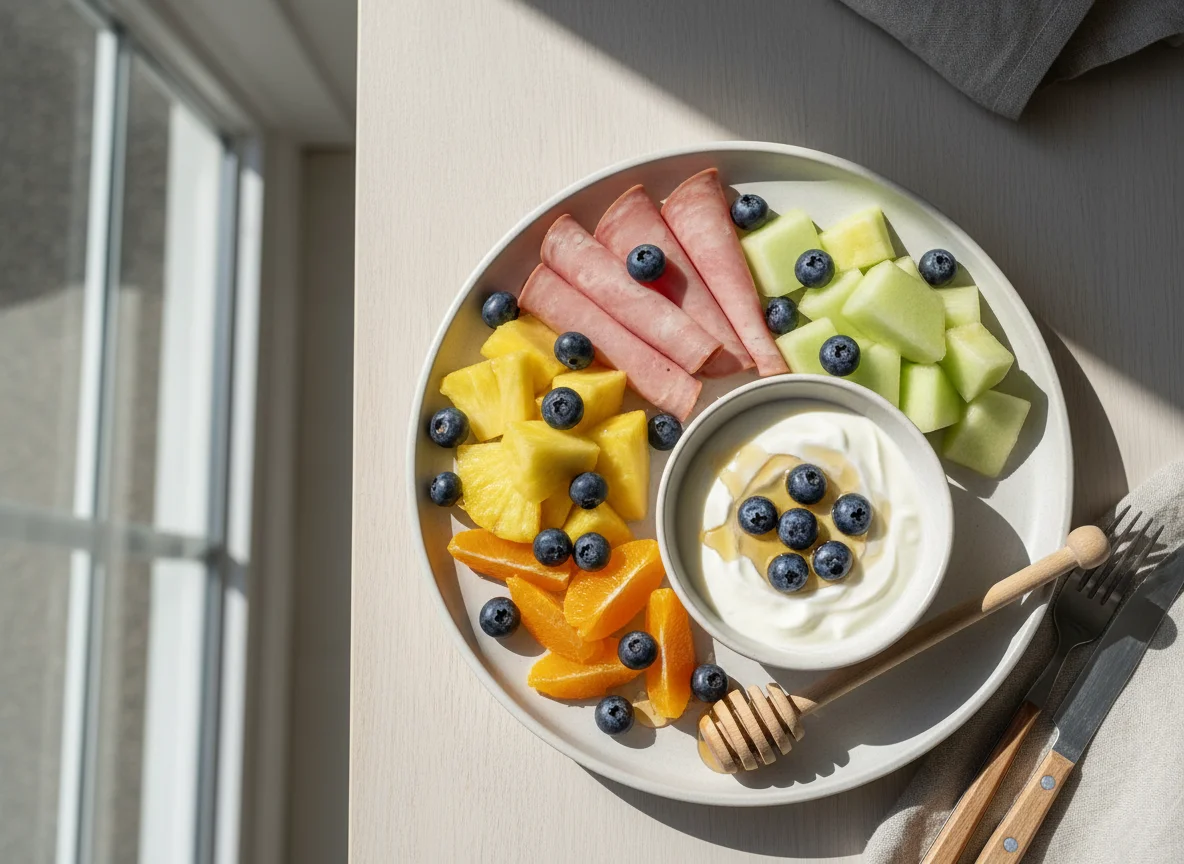 Desayuno variado con fruta, yogur y embutido photo