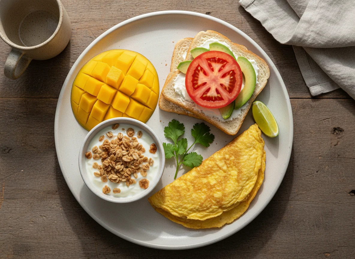 Desayuno variado con fruta, yogur y tostadas photo