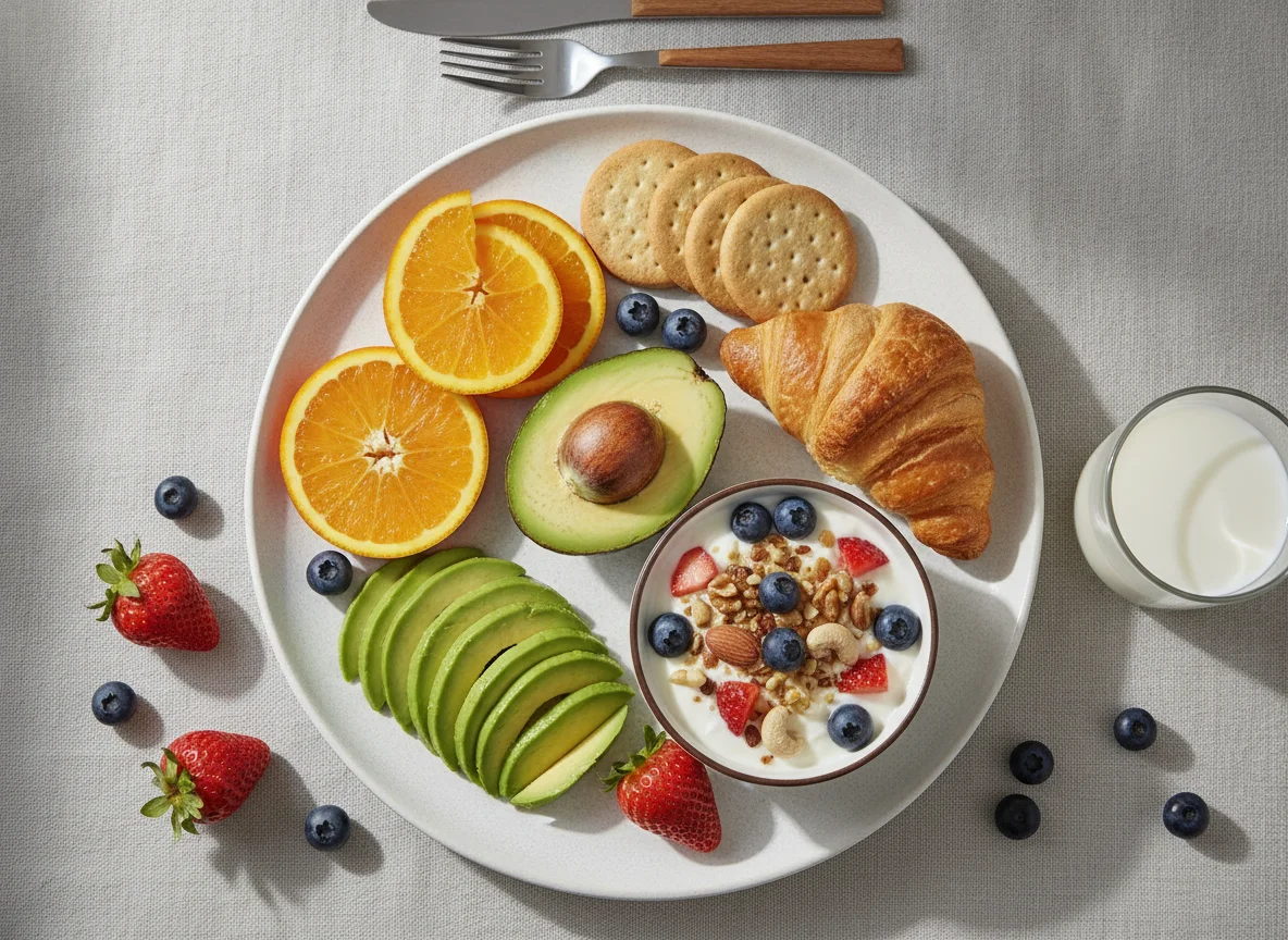 Desayuno variado con frutas, aguacate y bollería photo