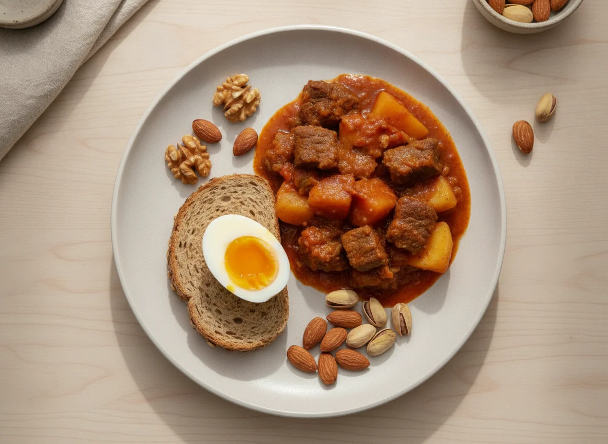 Desayuno variado con guiso, huevo, pan integral y frutos secos photo